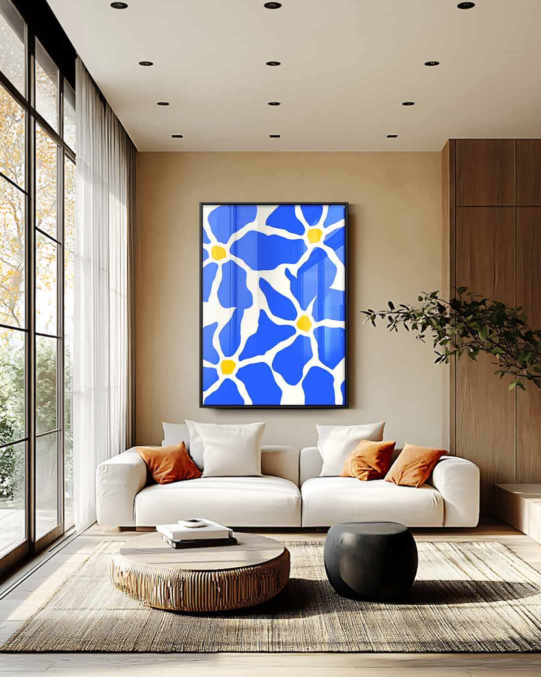 Bloemenpracht in Blauw – kunstwerk met zwarte baklijst