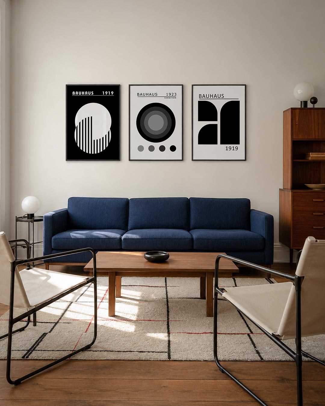 Cirkel en strepen driedelige posterset – een grote witte cirkel met verticale zwarte strepen op een zwarte achtergrond. De
