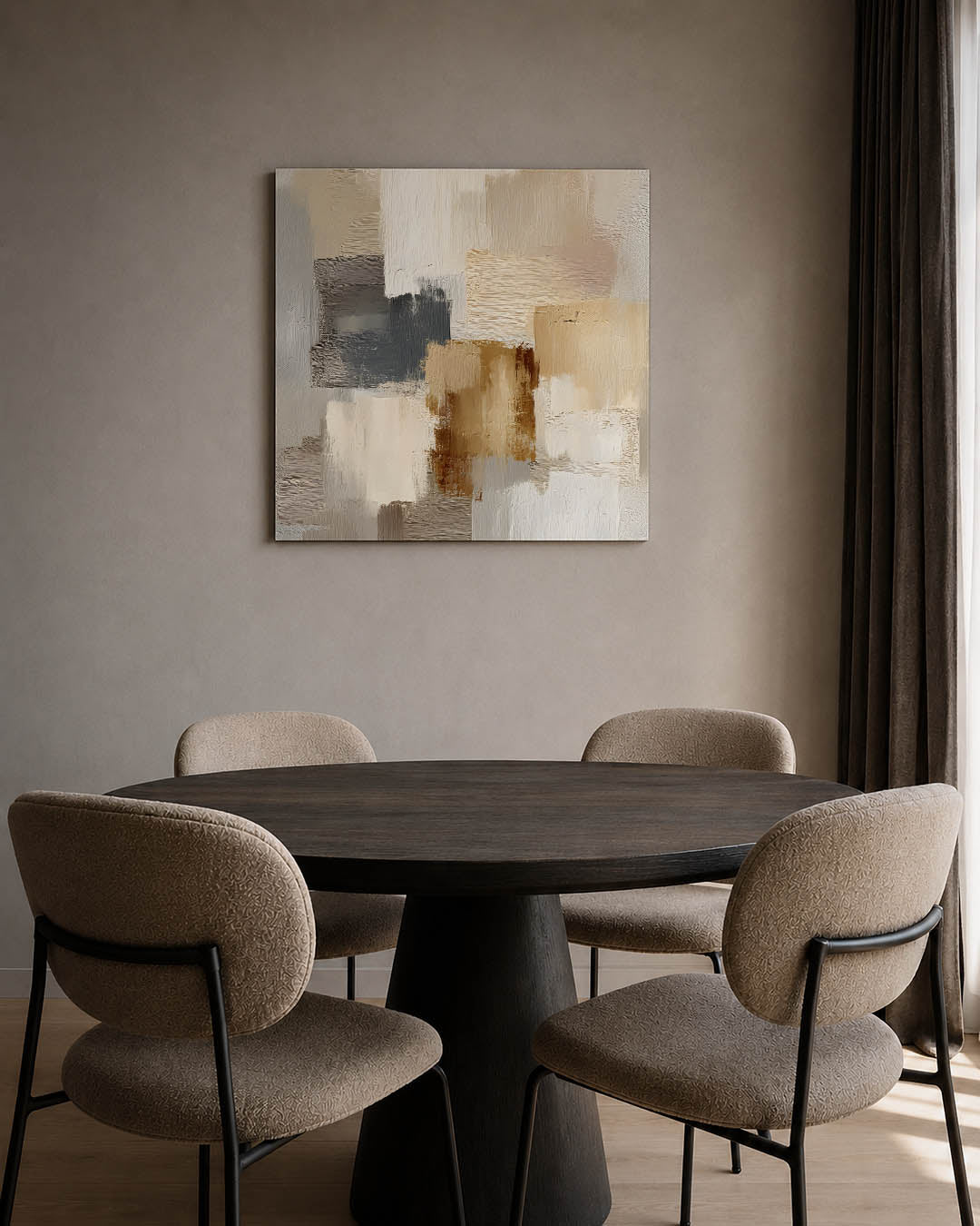 Neutrale kleurencompositie kunstwerk – tweede productweergave – dit werk toont een harmonie van rechthoekige vormen in beige