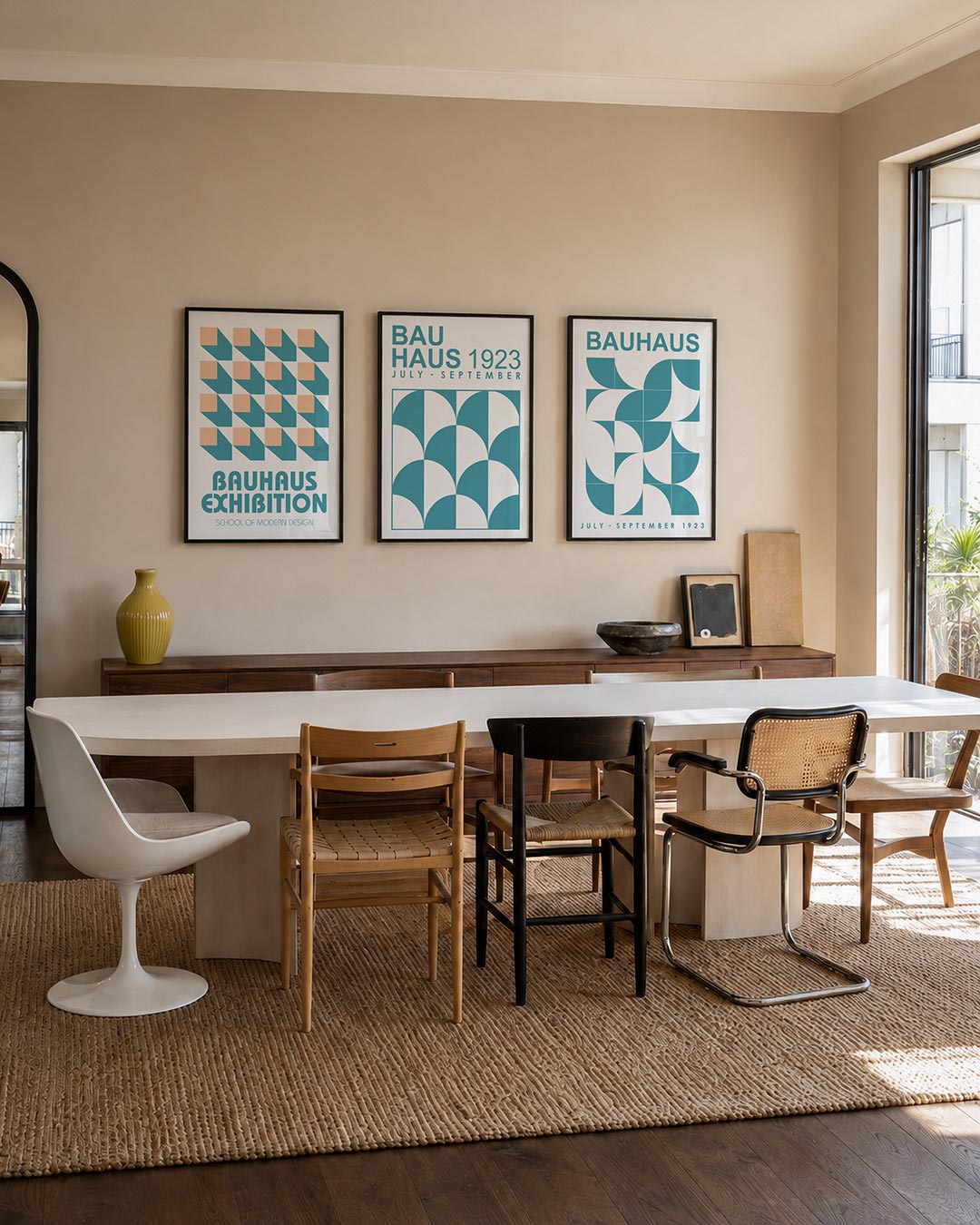 Vormen en schaduwen driedelige posterset – deze posterset in drie delen toont een ritmisch patroon van vierkante kleurvlakken