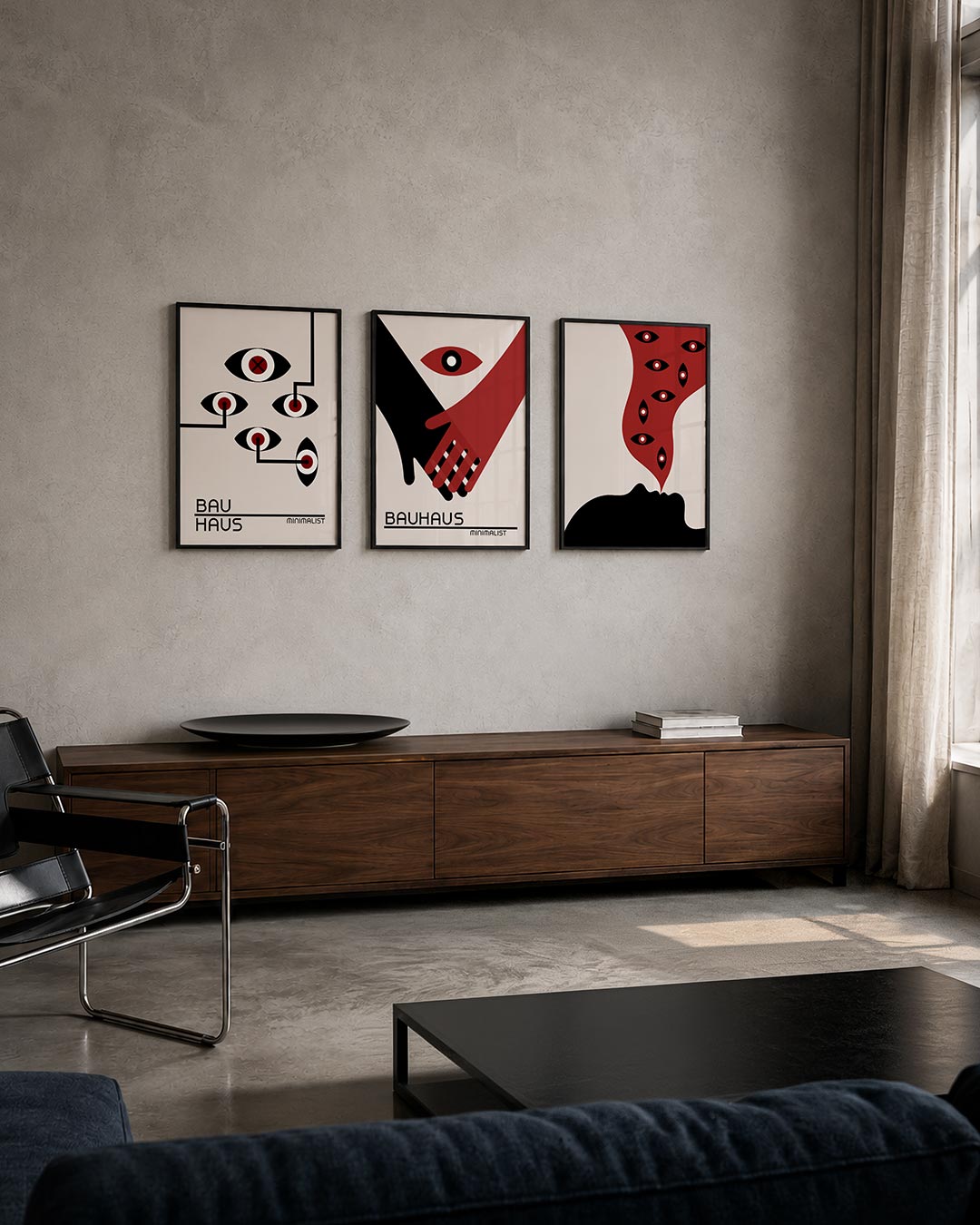 Oogvormen en lijnen posterset – tweede productweergave – deze posterset in drie delen toont een spel van zwarte en rode