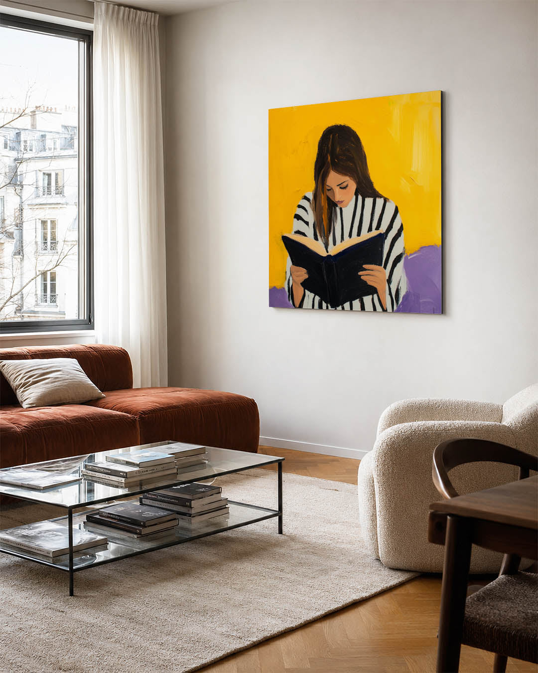 Lezende vrouw kunstwerk – vierkante wanddecoratie – dit kunstwerk toont een vrouw die verdiept is in een boek, omgeven door