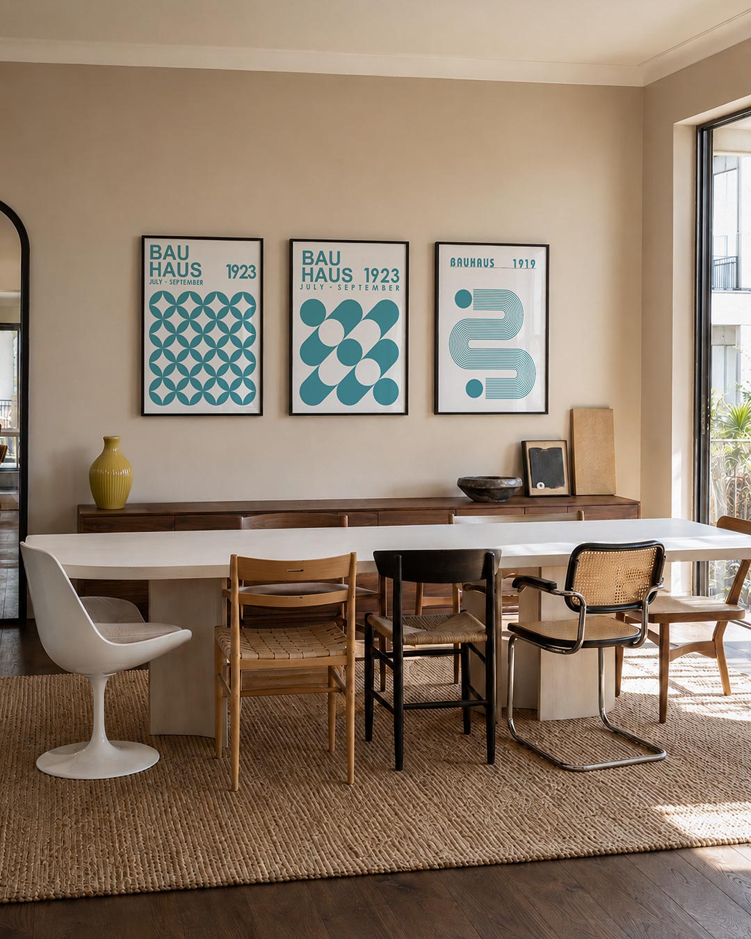 Cirkelpatroon en tekst driedelige posterset – deze posterset in drie delen toont een ritmisch patroon van overlappende blauwe