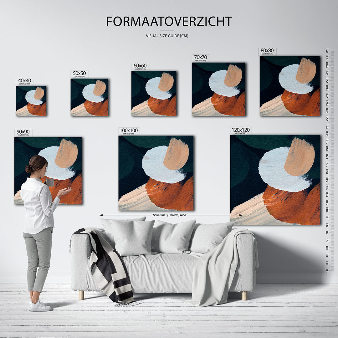 Dynamische kleurencompositie kunstwerk – dit werk toont een levendige mix van gebogen penseelstreken in blauw, oranje en
