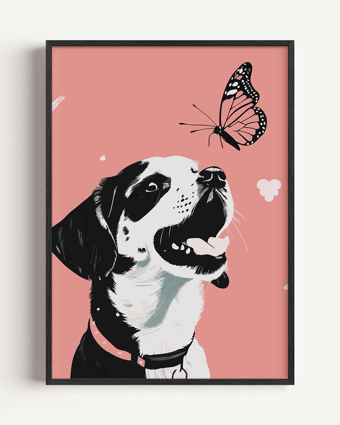 Vrolijke Hond en Vlinder – dieren portret poster als wanddecoratie