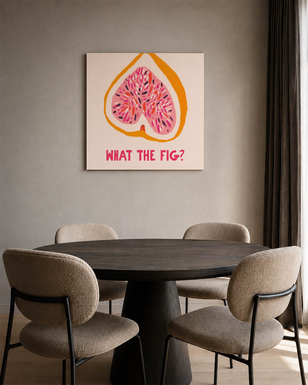 Vrolijke vijg illustratie kunstwerk – vierkante wanddecoratie – dit werk toont een speelse illustratie van een vijg in