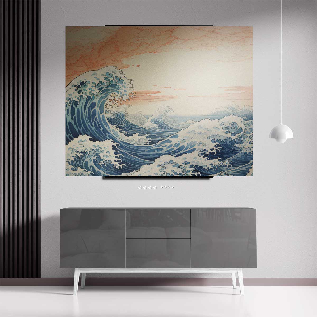 Dynamische Zeegolven Onder een Perzikkleurige Hemel – staand kunstwerk voor modern interieur