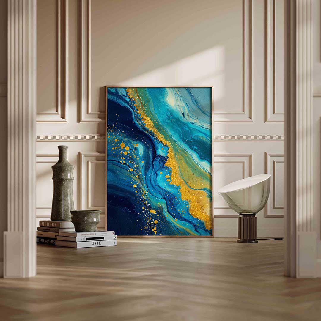Blauwe en gouden abstracte – staande abstracte wanddecoratie van WallArtistic