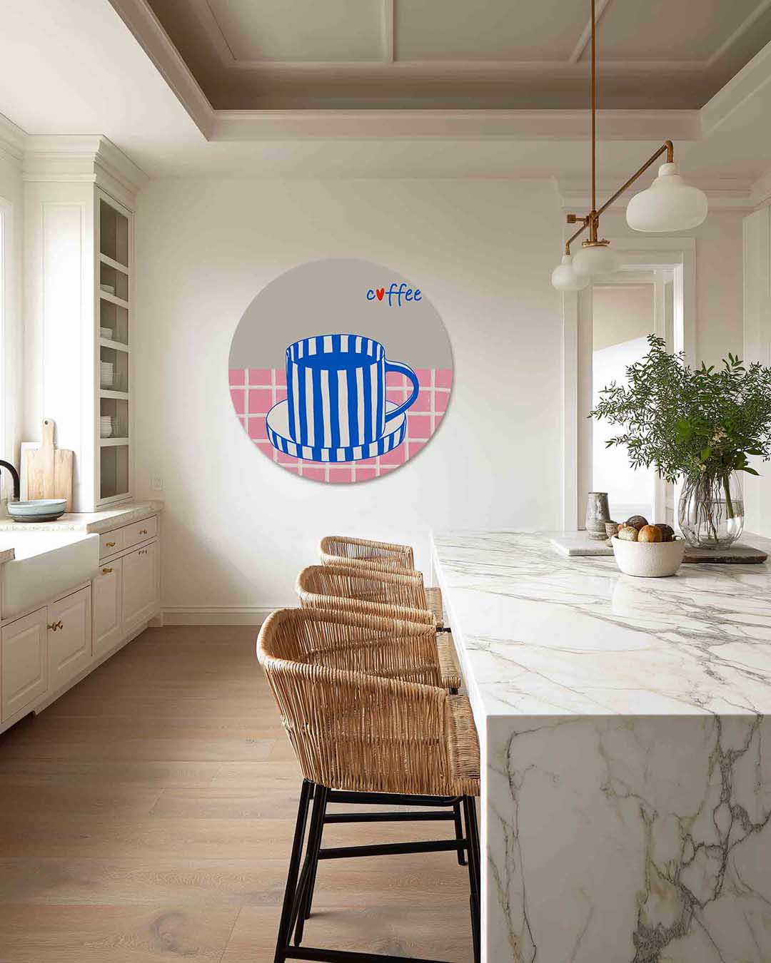 Gestreepte koffiekop – Pop Art muurcirkel als ronde wanddecoratie