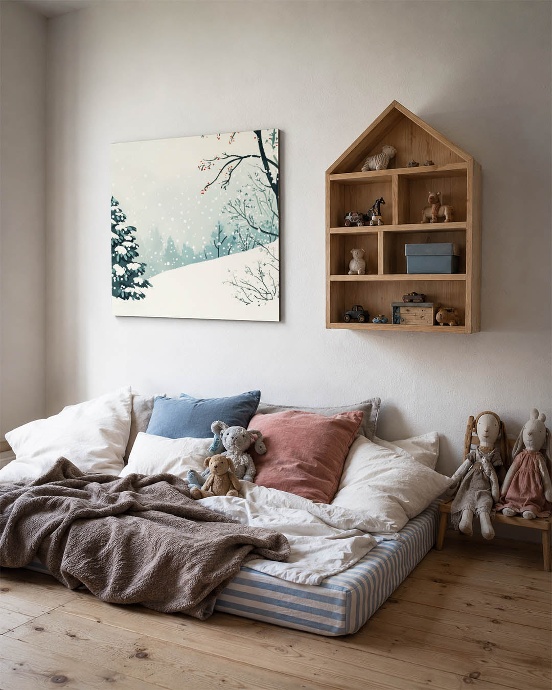 Winterlandschap met sneeuw kunstwerk – derde productweergave – dit werk toont een serene winterse scène met besneeuwde bomen