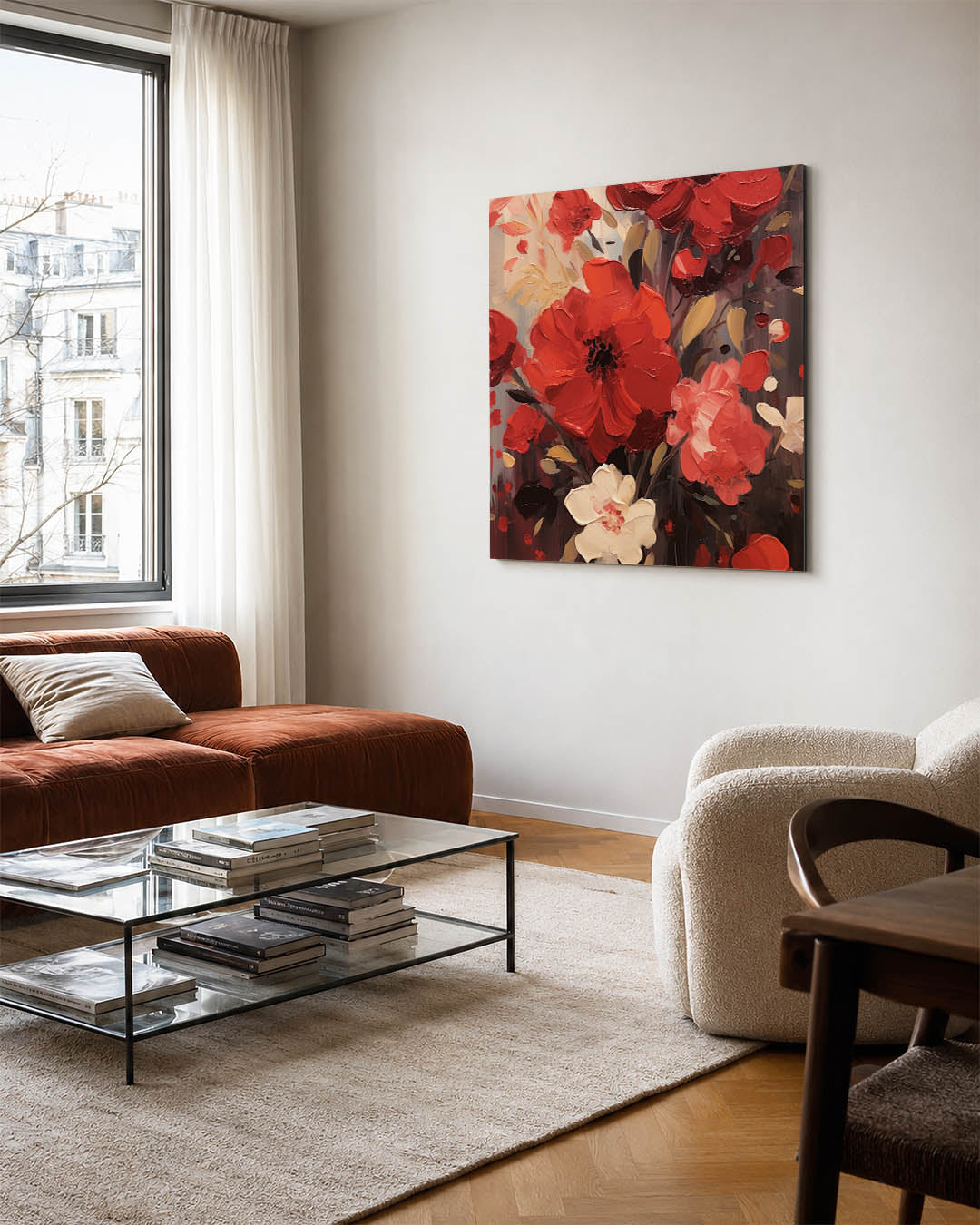 Expressieve bloemen kunstwerk – vierkante wanddecoratie – dit kunstwerk toont levendige bloemen in rijke tinten, met