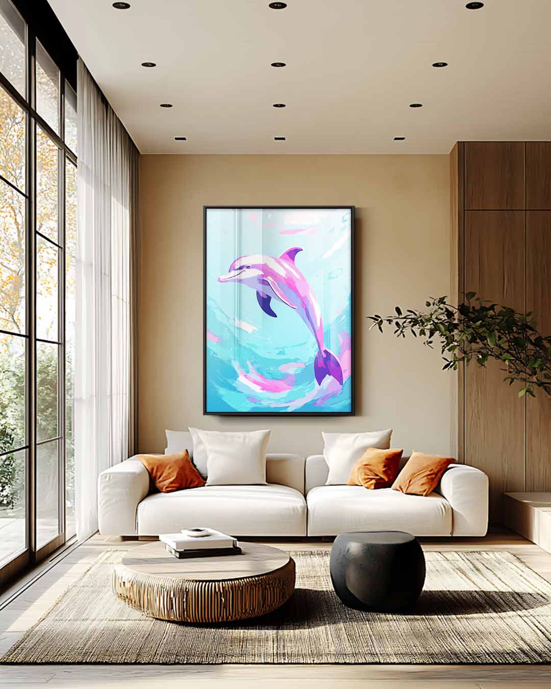 Dansende Dolfijn in Oceaan Blues – plexiglas wanddecoratie in portret formaat