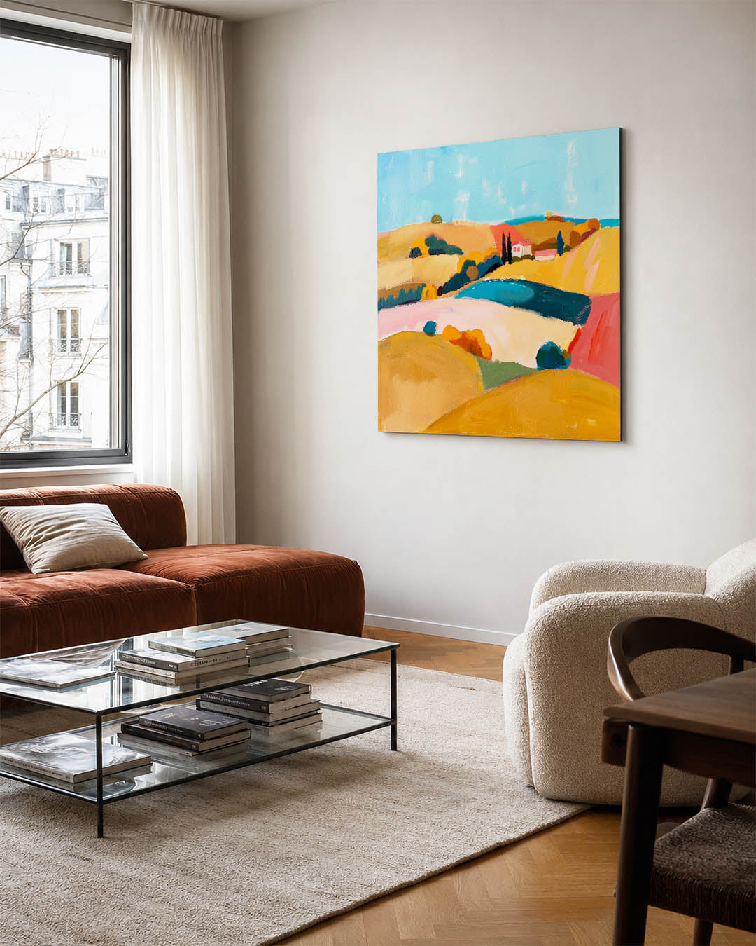 Kleurrijk landschap kunstwerk – vierkante wanddecoratie – dit kunstwerk toont een levendig landschap met glooiende heuvels en