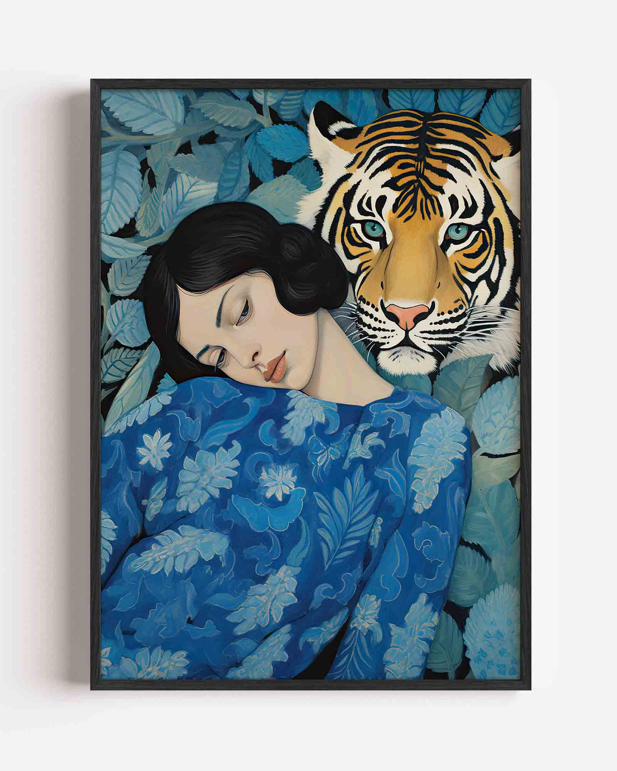 Vrouw en tijger – kleurrijke illustratie portret poster als wanddecoratie