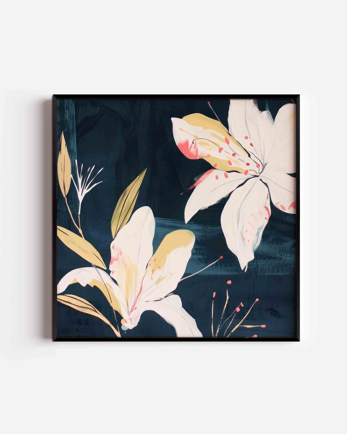 Witte bloemen en bladeren – kleurrijke illustratie poster als wanddecoratie