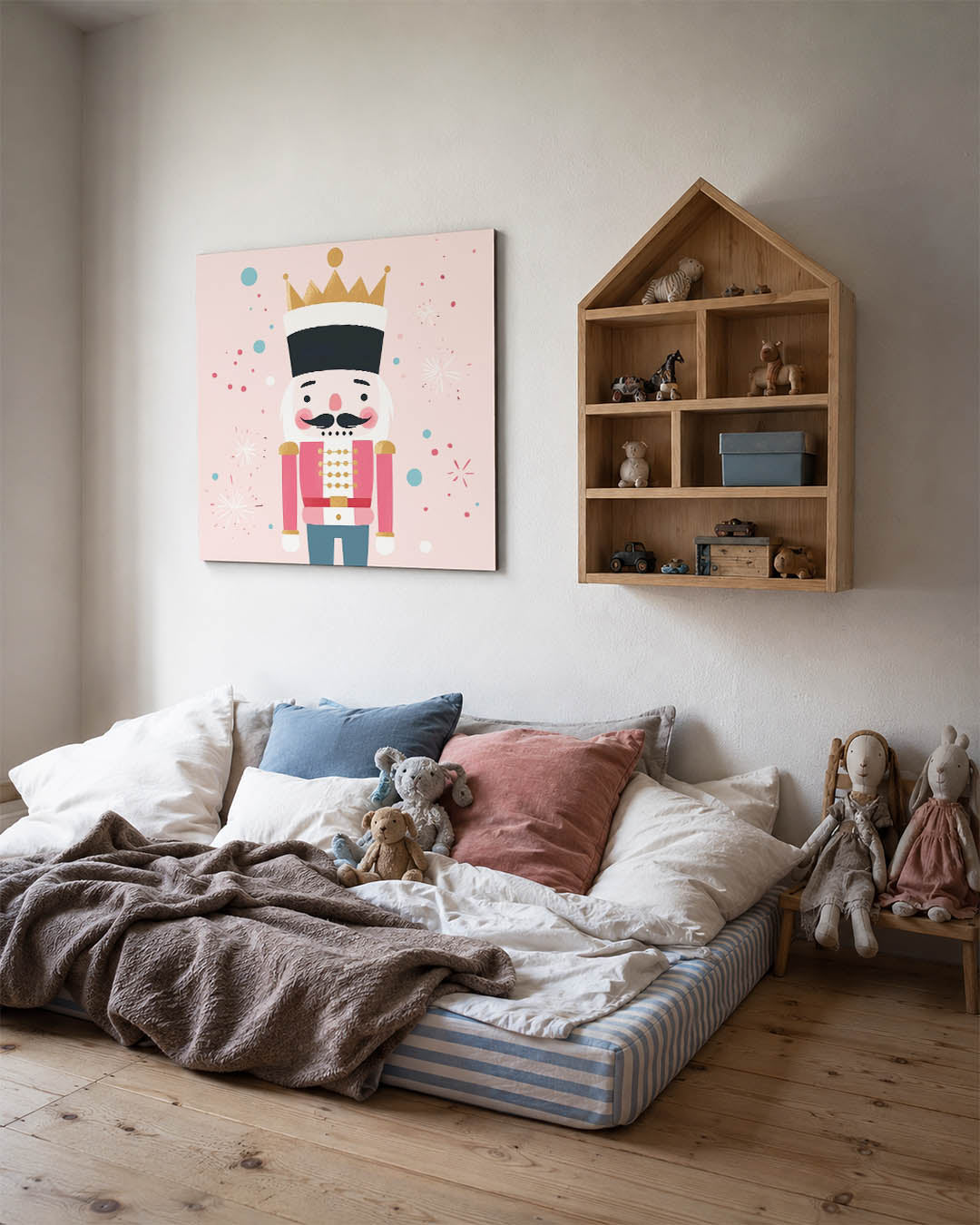 Illustratie van een notenkraker kunstwerk – derde productweergave – dit werk toont een notenkraker met een gouden kroon en