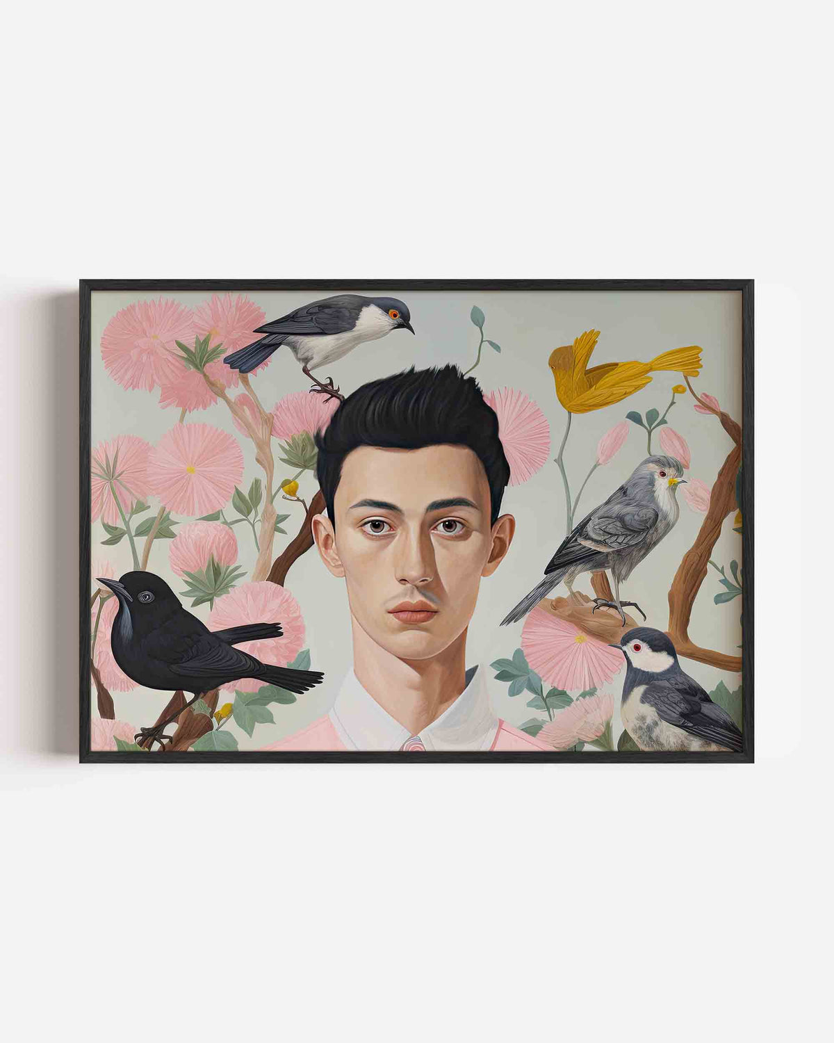 Vogel en bloemen portret – hedendaagse illustratie poster in landscape formaat