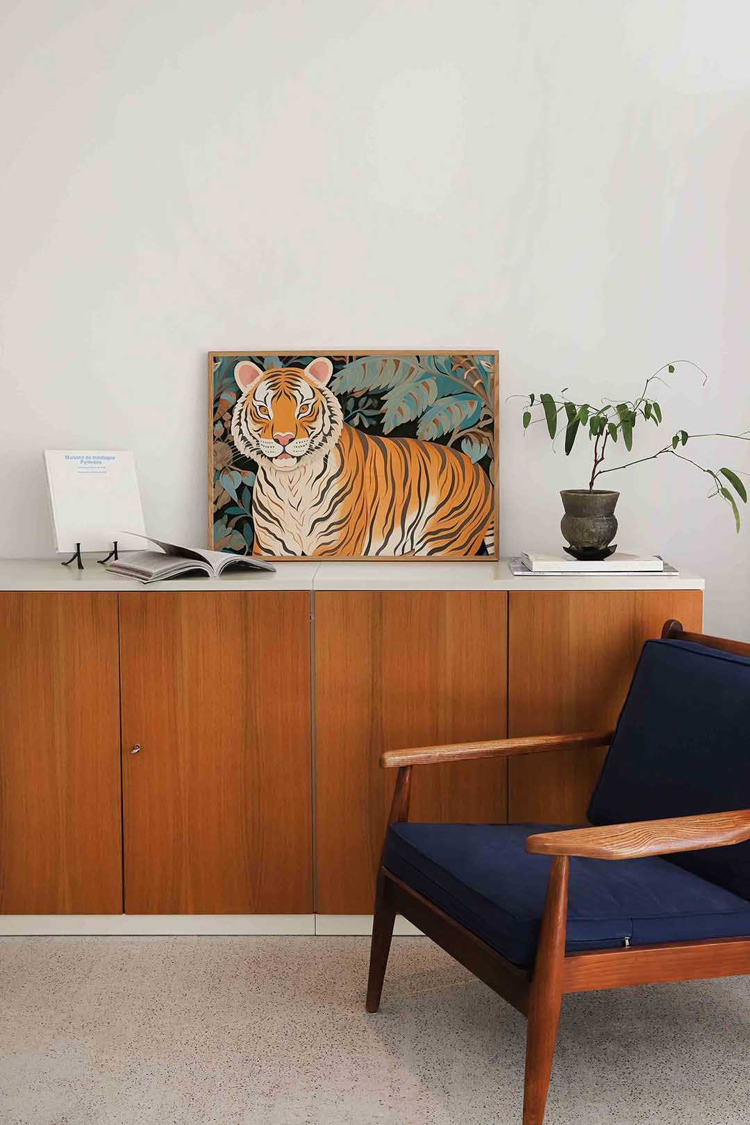 Tijger met bladeren – liggende dieren wanddecoratie van WallArtistic