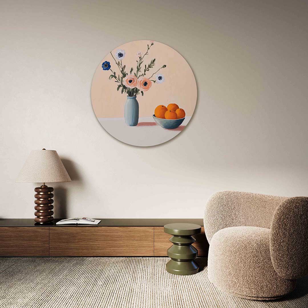 Bloemen en fruit – abstracte muurcirkel als ronde wanddecoratie