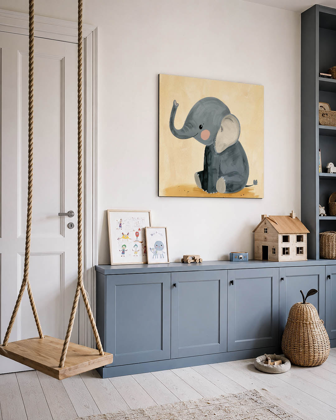 Schattige olifant illustratie kunstwerk – vierkante wanddecoratie – dit werk toont een schattige olifant met grote oren en