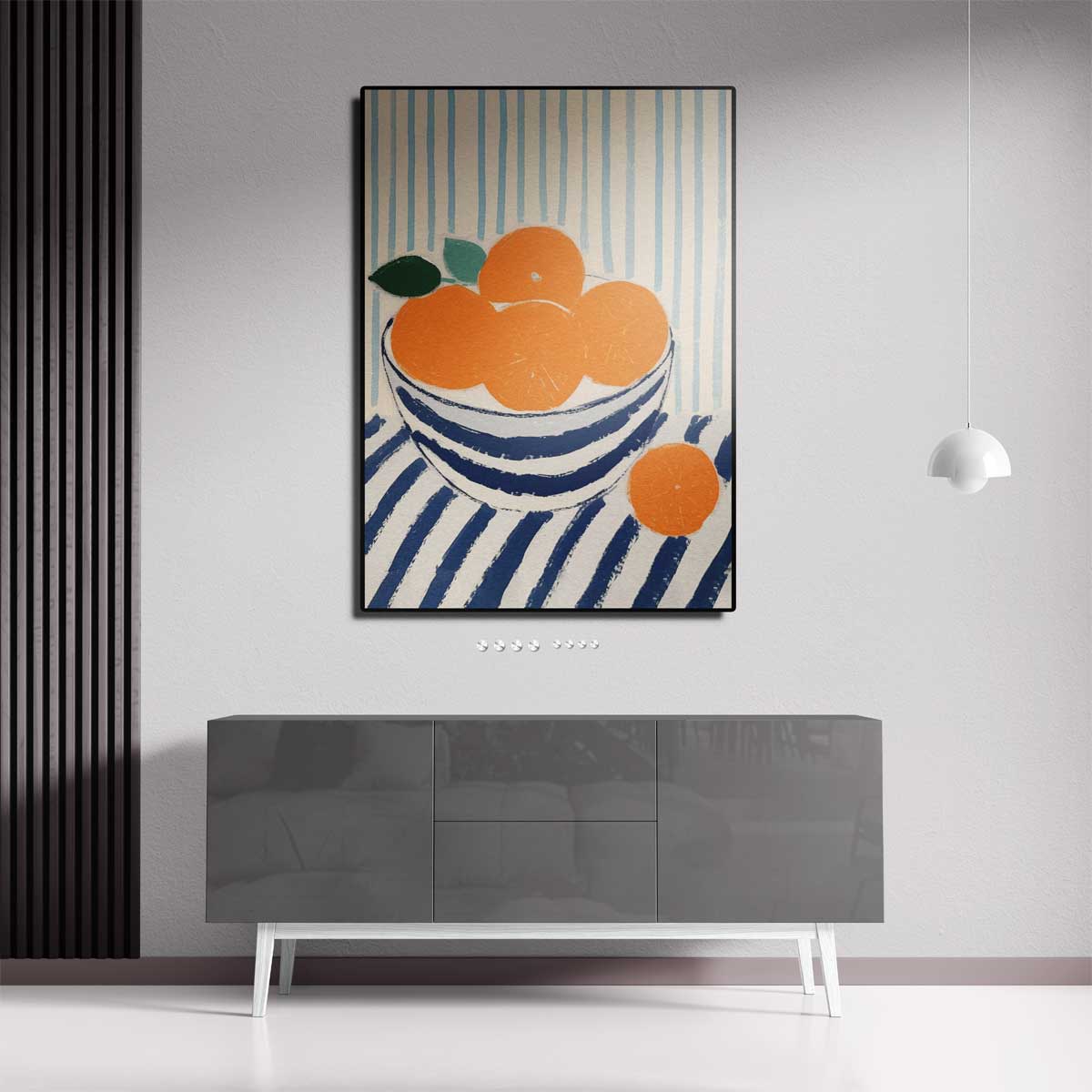 Zonnige Sinaasappels in Streepjesland – modern portret kunstwerk van WallArtistic