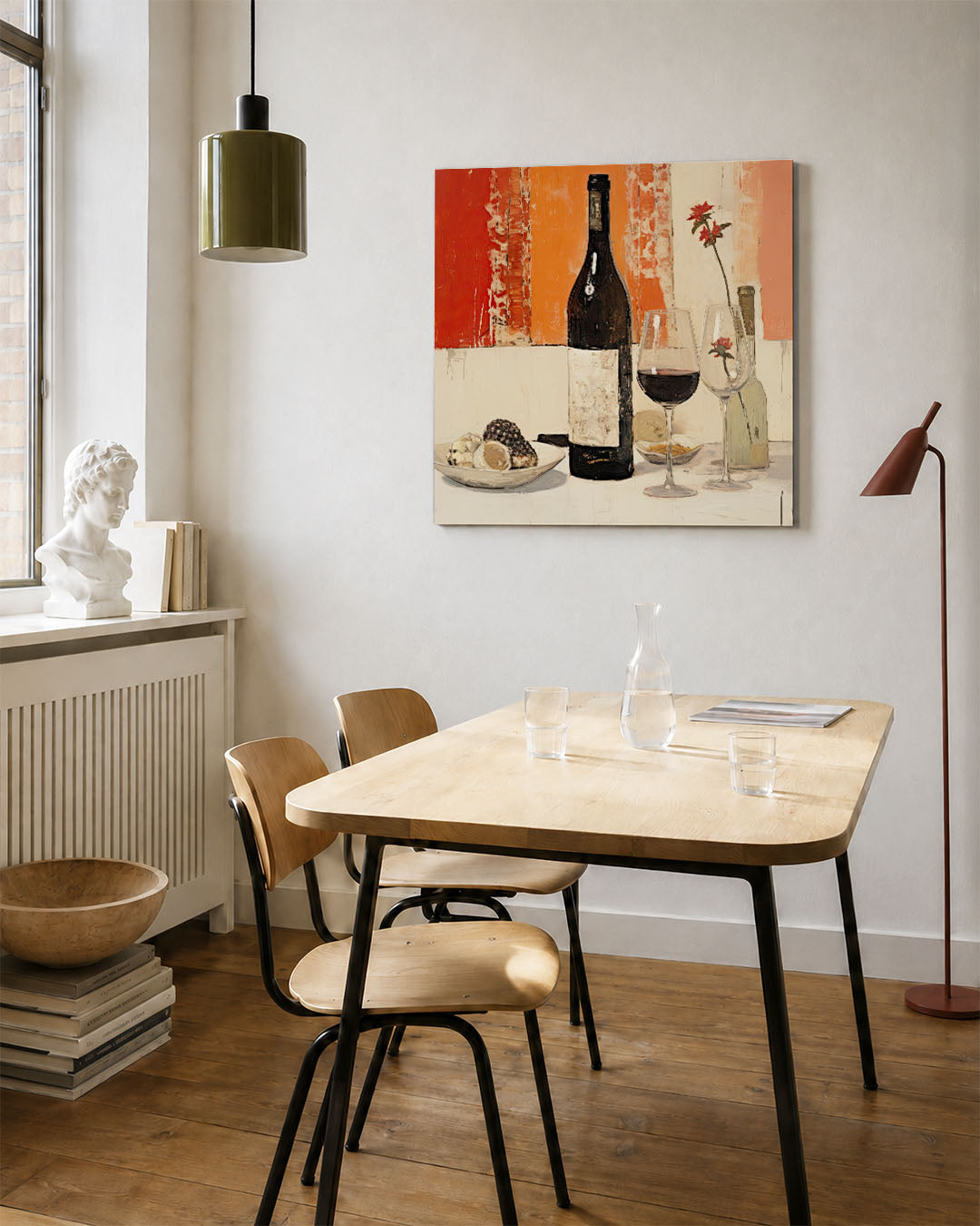 Wijn en bloemen kunstwerk – vierkante wanddecoratie – dit kunstwerk toont een fles wijn en glazen op een tafel, omlijst door