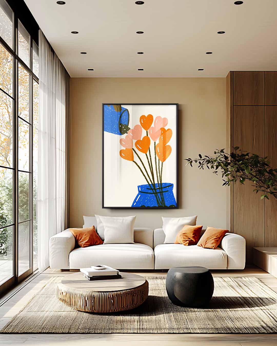Bloemenhartjes in Blauwe Vaas – staand kunstwerk voor modern interieur