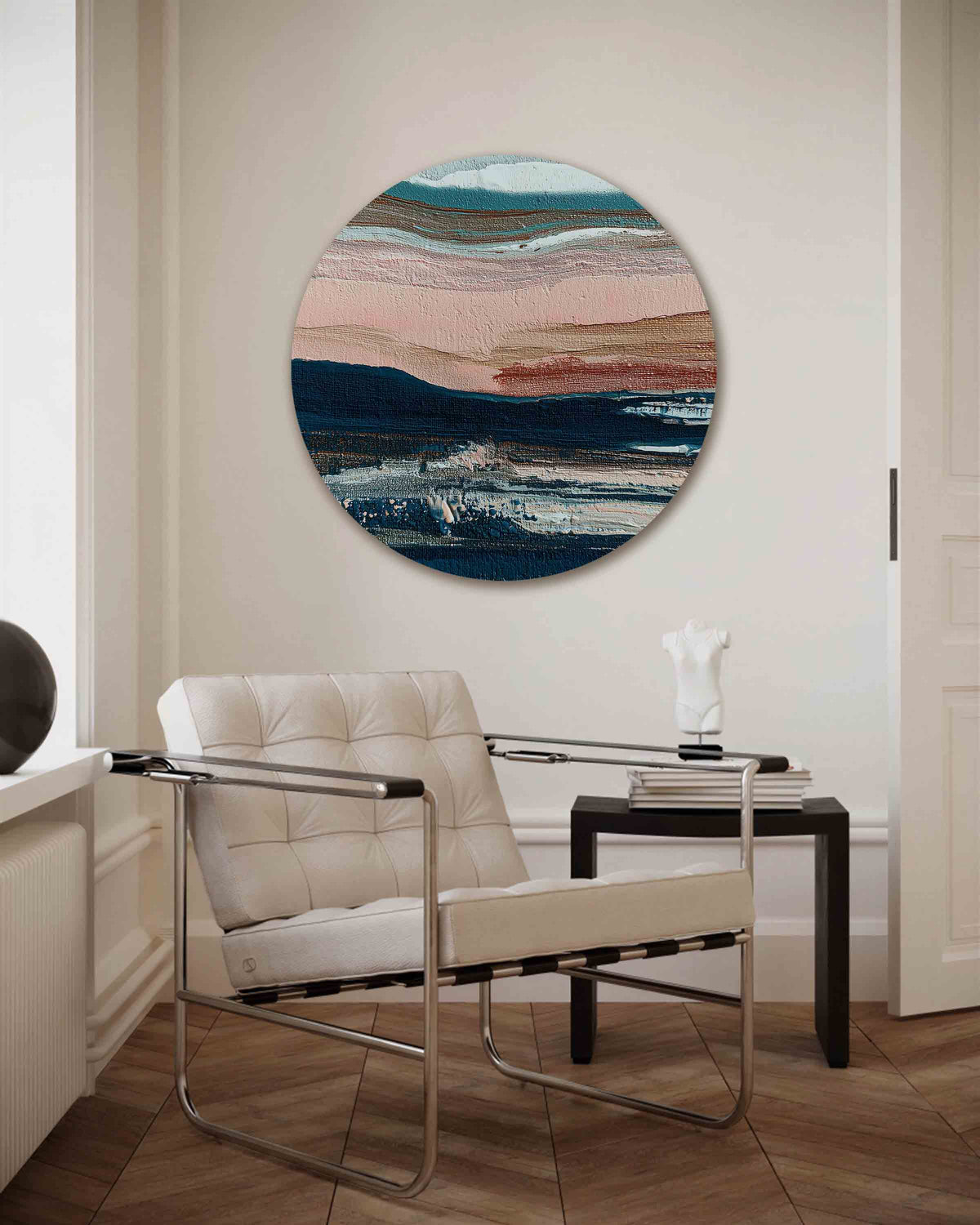 Horizontale lagen – vrouwelijk portret muurcirkel als wanddecoratie