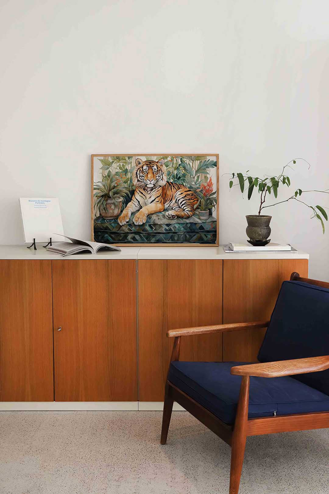 Tijger met planten – liggende dieren wanddecoratie van WallArtistic