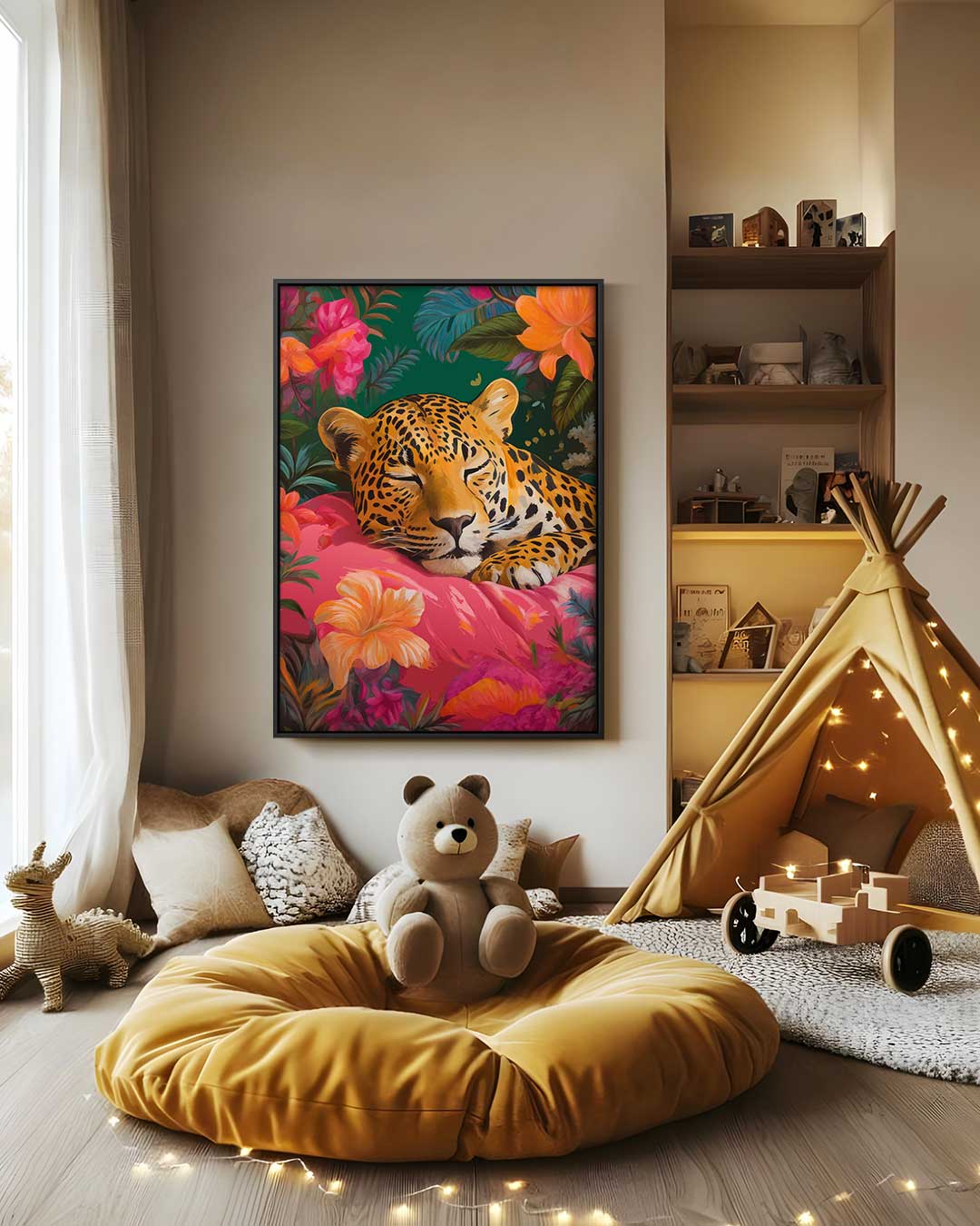 Sluimerende Luipaard in Bloemenpracht – canvas wanddecoratie in portret formaat