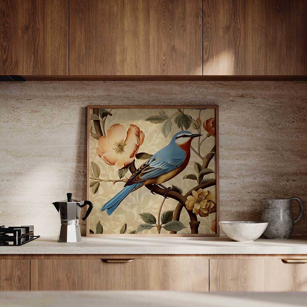 Vogel en bloemen – decoratieve wandkunst als vierkante poster