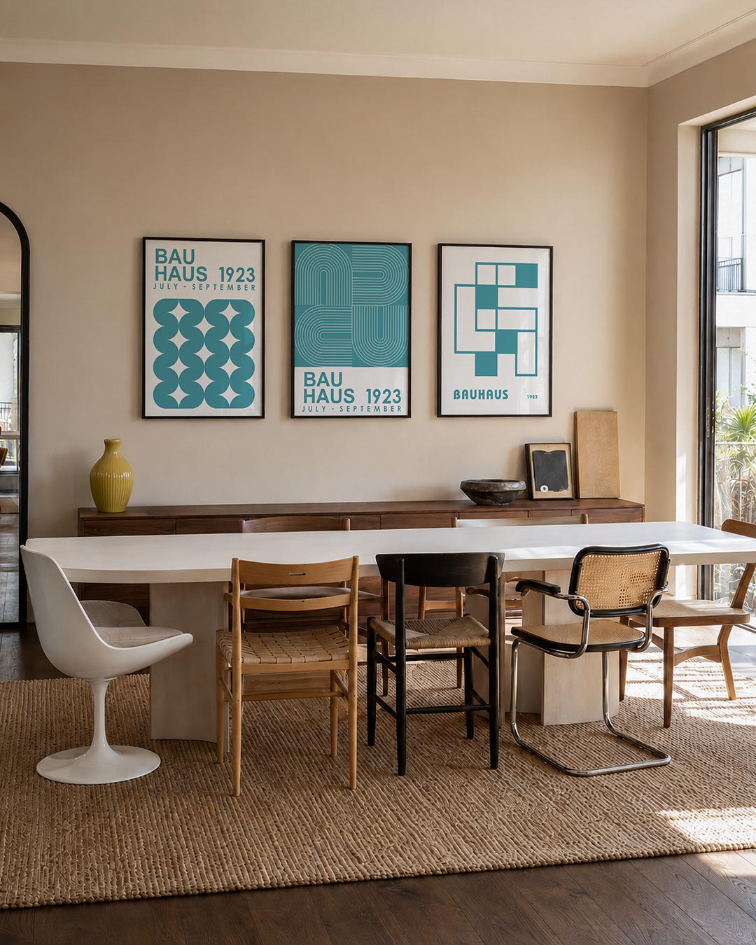 Vorm en ritme driedelige posterset – deze posterset in drie delen toont een speelse herhaling van blauwe halve cirkels en