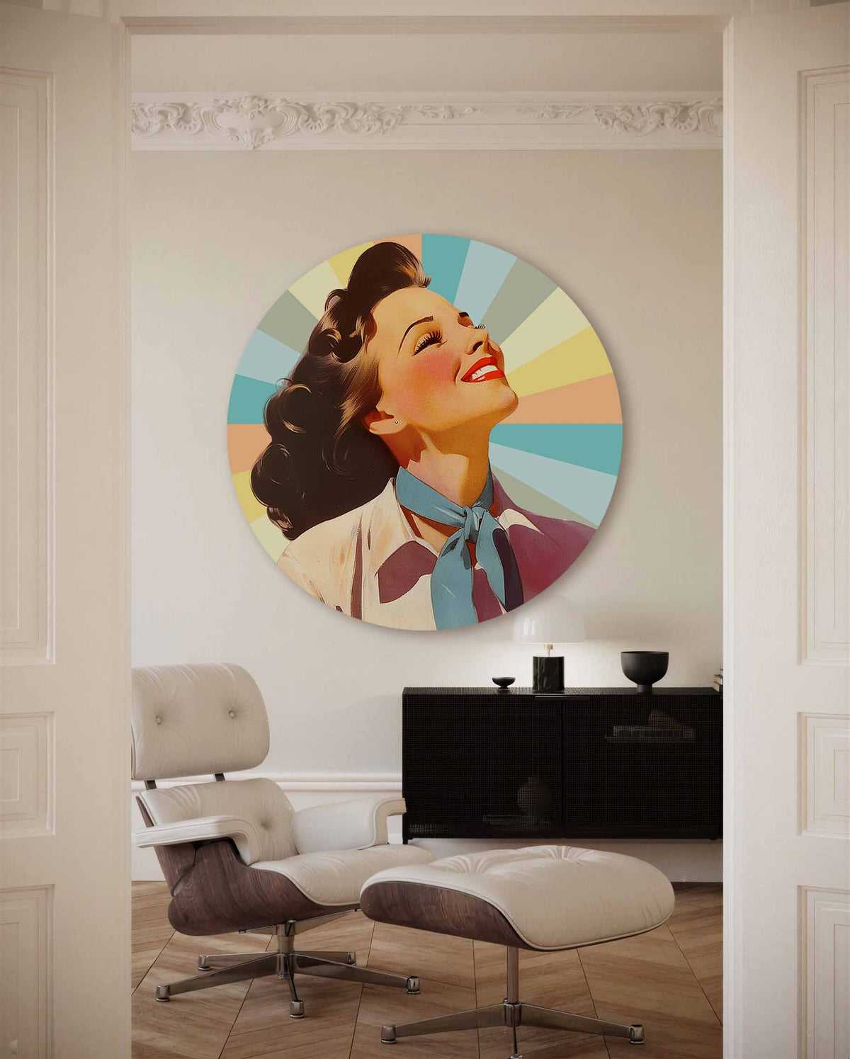 Vrouw met kleurrijke stralen – kleurrijke Pop Art muurcirkel voor aan de muur
