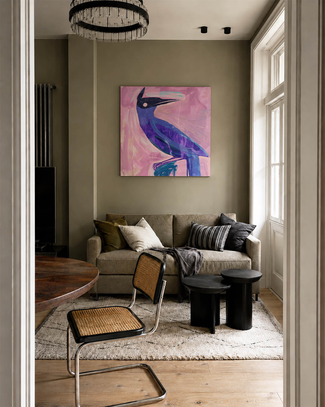 Vogelsilhouet in kleuren kunstwerk – tweede productweergave – dit werk toont een vogel in krachtige penseelstreken met een