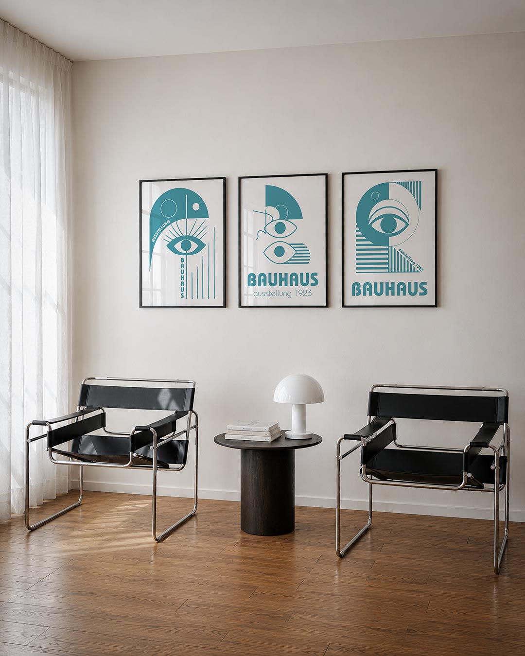 Oog en lijnen posterset – derde productweergave – een speelse compositie met een groot oog centraal. Strakke lijnen en