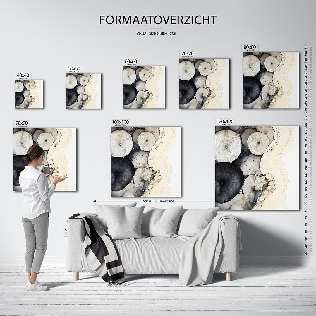 Organische vormen kunstwerk – materiaalweergave – dit werk toont vloeiende lijnen en cirkelvormige patronen in zwart-wit en