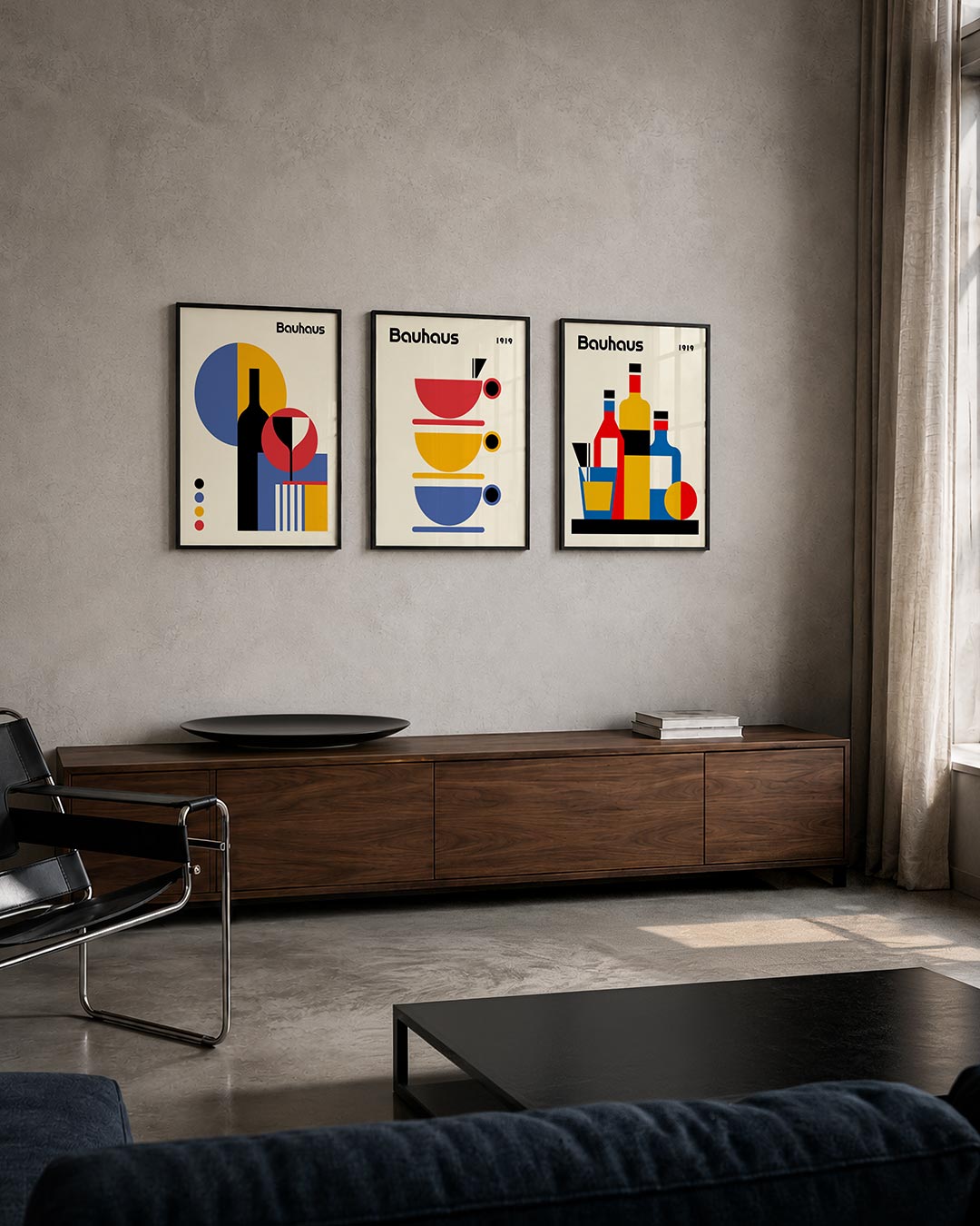 Vormen en kleurvlakken posterset – tweede productweergave – deze posterset in drie delen toont een dynamisch lijnenspel met