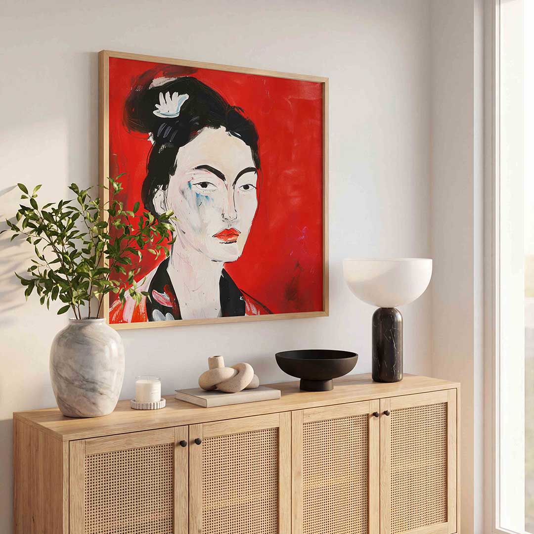 Portret met rode achtergrond – illustratie poster in vierkant formaat