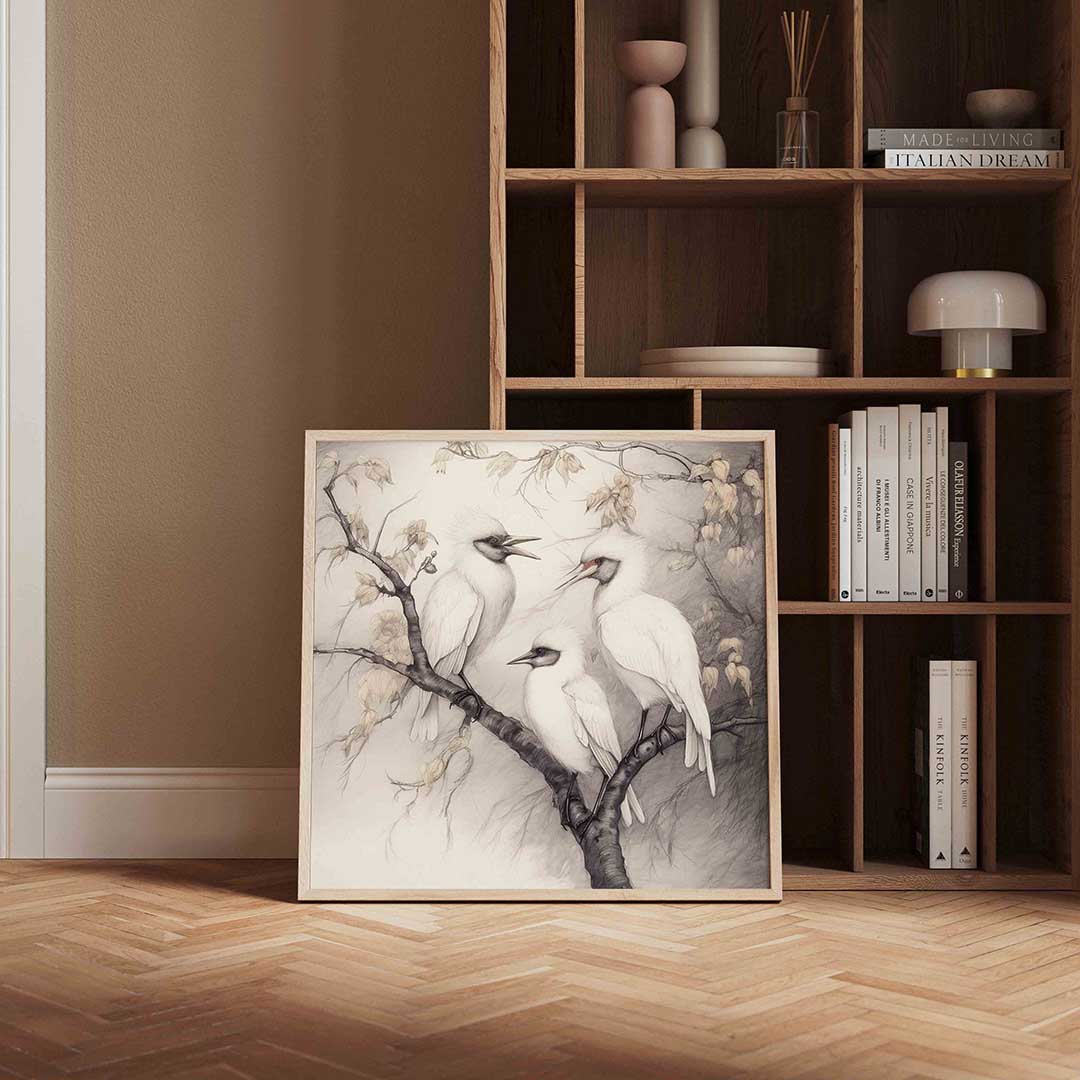 Vogels op tak – vierkante wanddecoratie met kleur en vorm van WallArtistic
