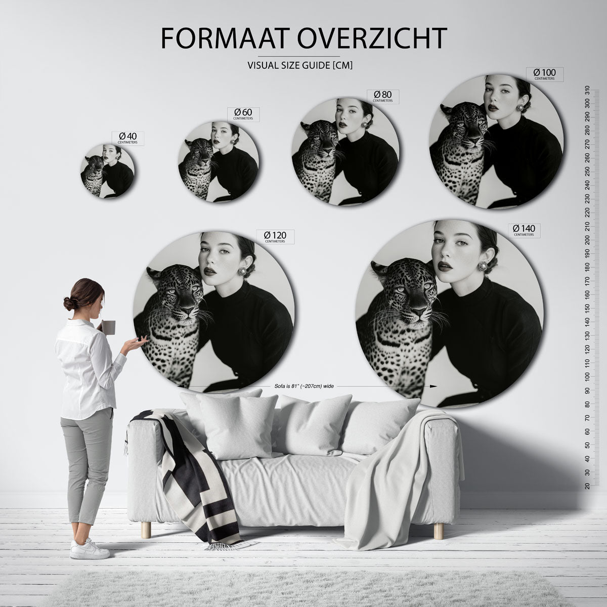 Vrouw en luipaard – kleurrijke ronde muurdecoratie in Pop Art stijl