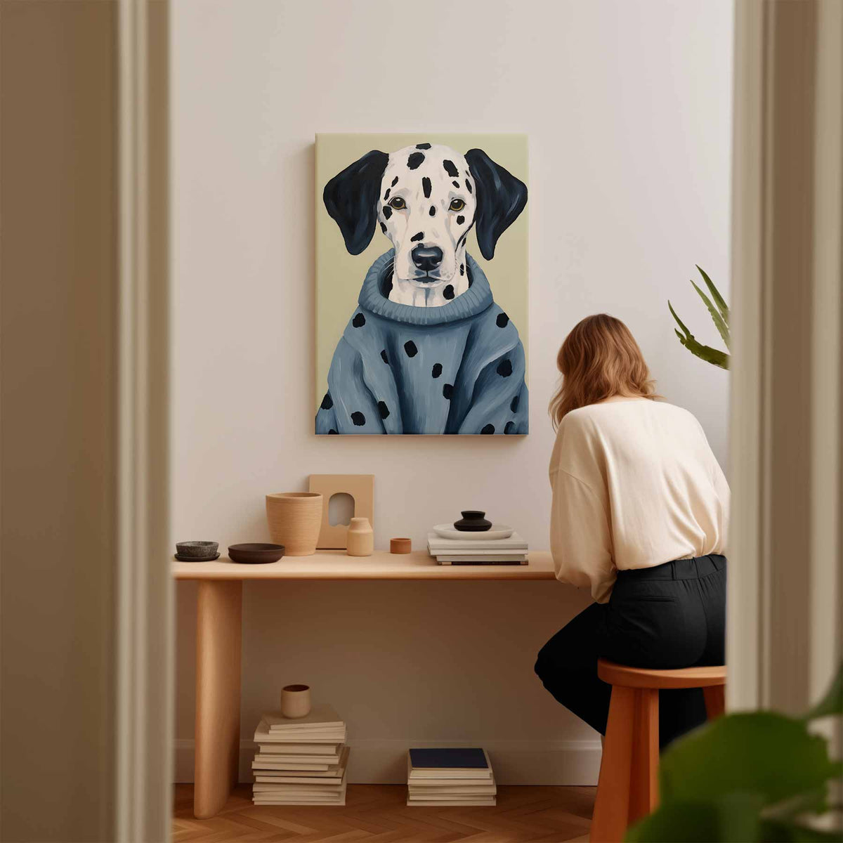 Stijlvolle Dalmatiër in Blauwe Trui – plexiglas wanddecoratie in portret formaat