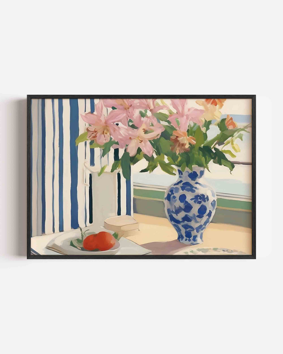 Bloemen en vaas bij raam – bloemen landscape poster als wanddecoratie