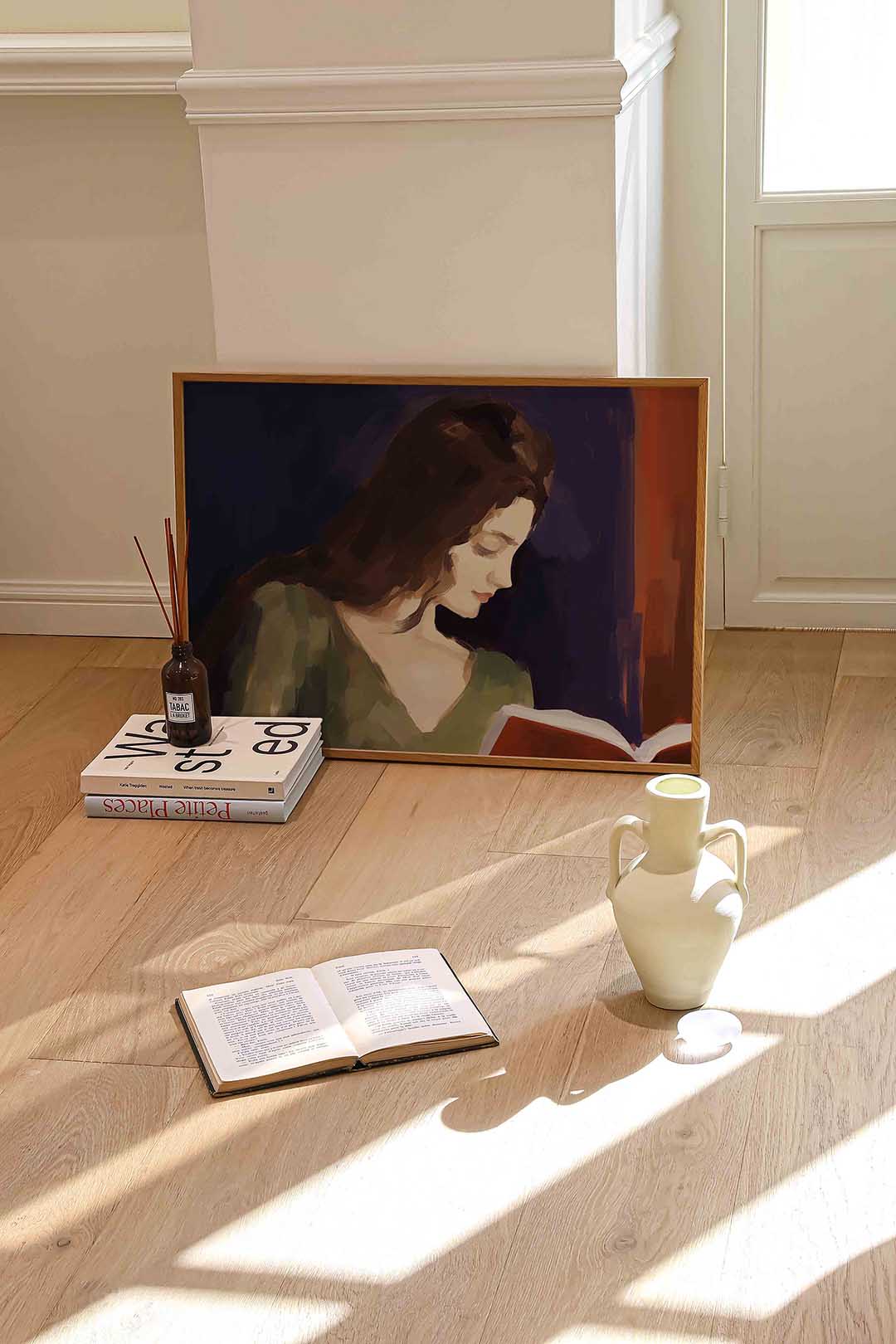 Lezende vrouw – liggende portret wanddecoratie van WallArtistic