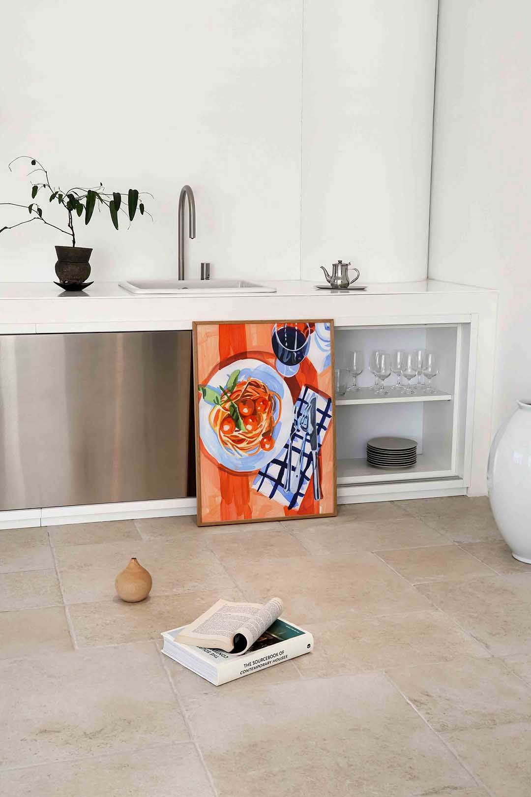 Spaghetti en wijn – culinaire wandkunst als portret poster