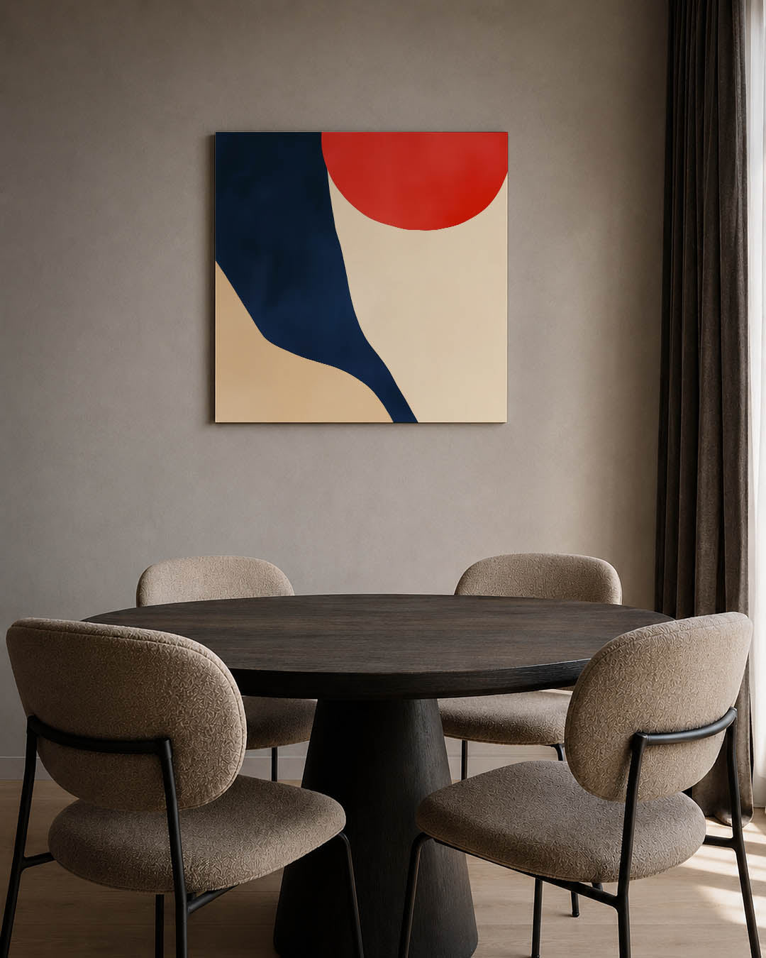 Vloeiende vormen compositie kunstwerk – tweede productweergave – dit werk toont vloeiende vormen in blauw, beige en rood. De