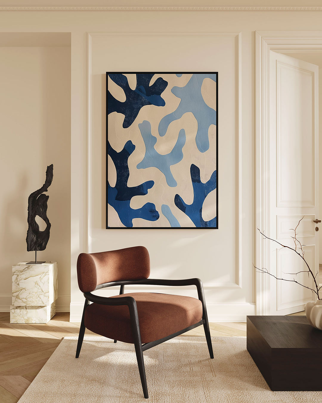 Organische blauwe vormen – staande wanddecoratie