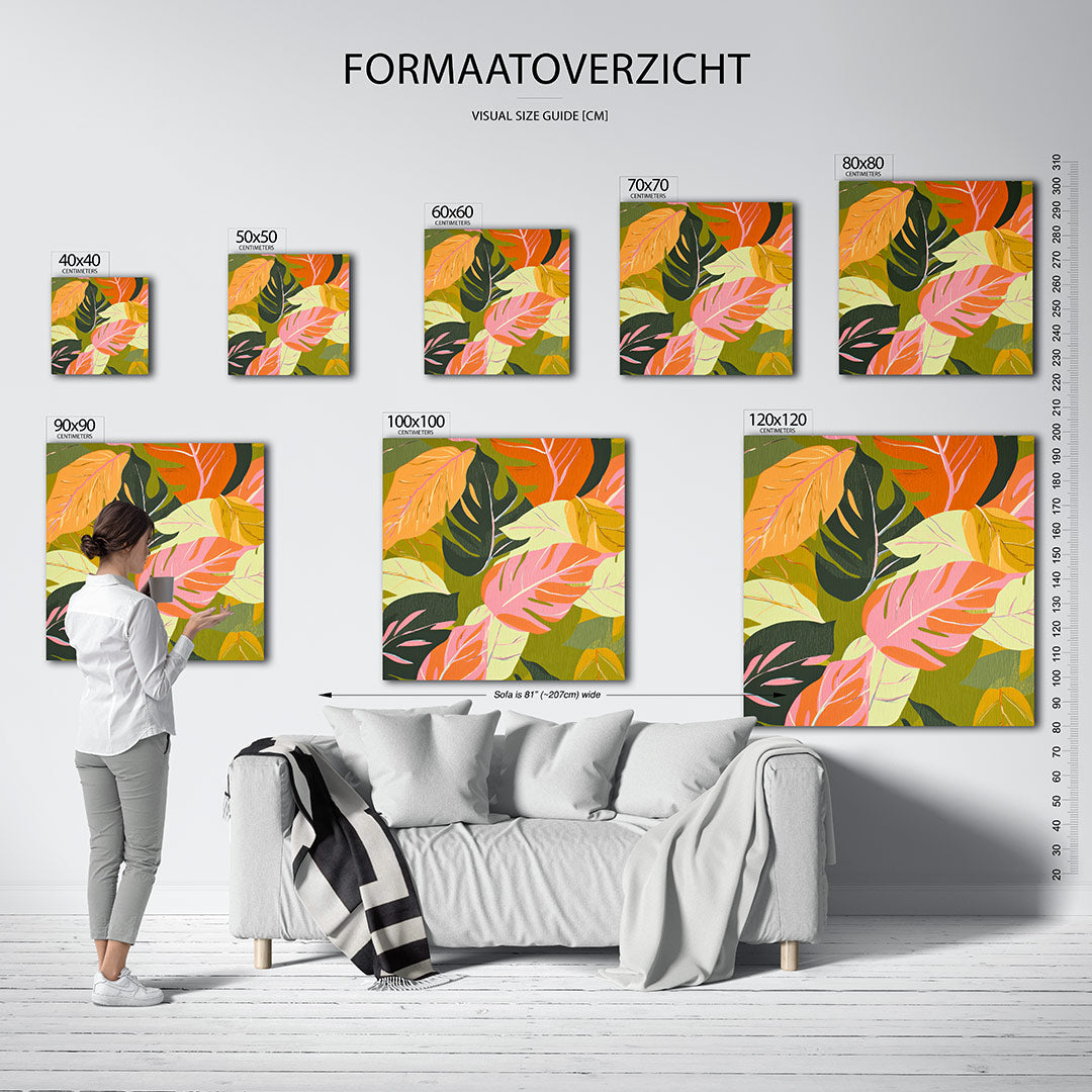 Vrolijke bladeren kunstwerk – dit werk toont een levendig patroon van overlappende bladeren in diverse kleuren, met vloeiende
