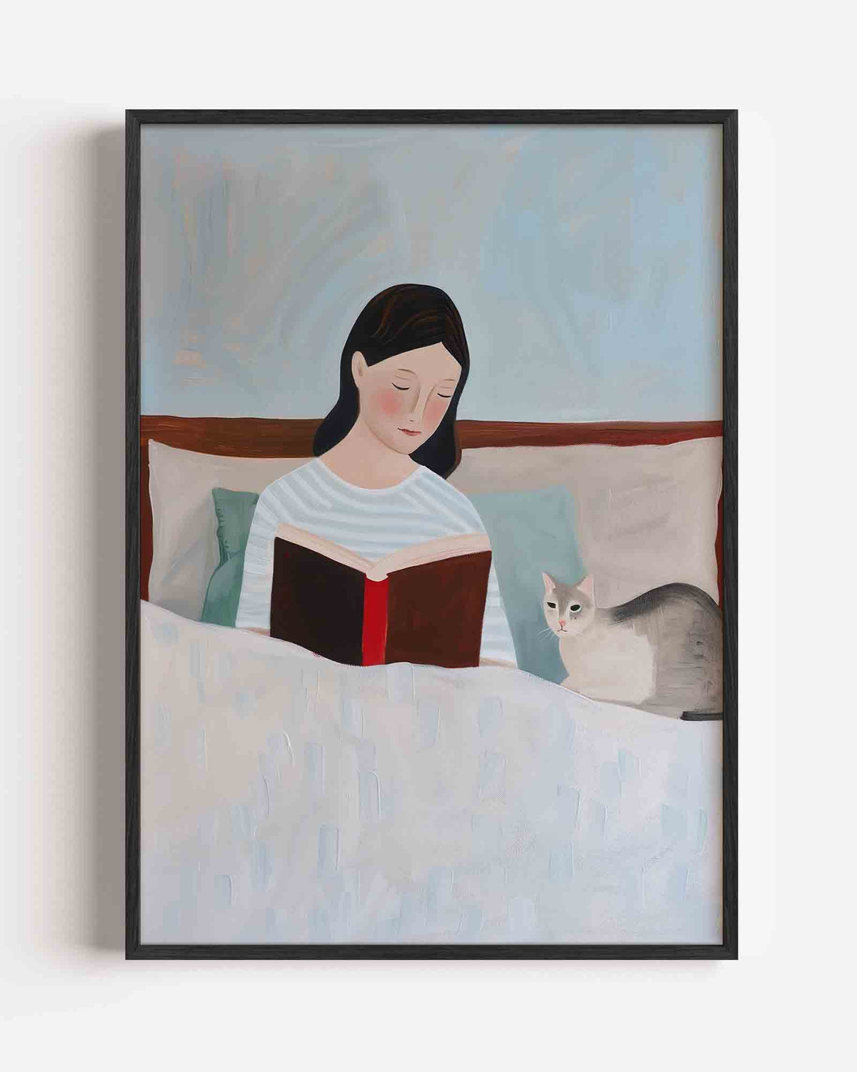Lezende vrouw met kat – hedendaagse illustratie portret poster als wanddecoratie