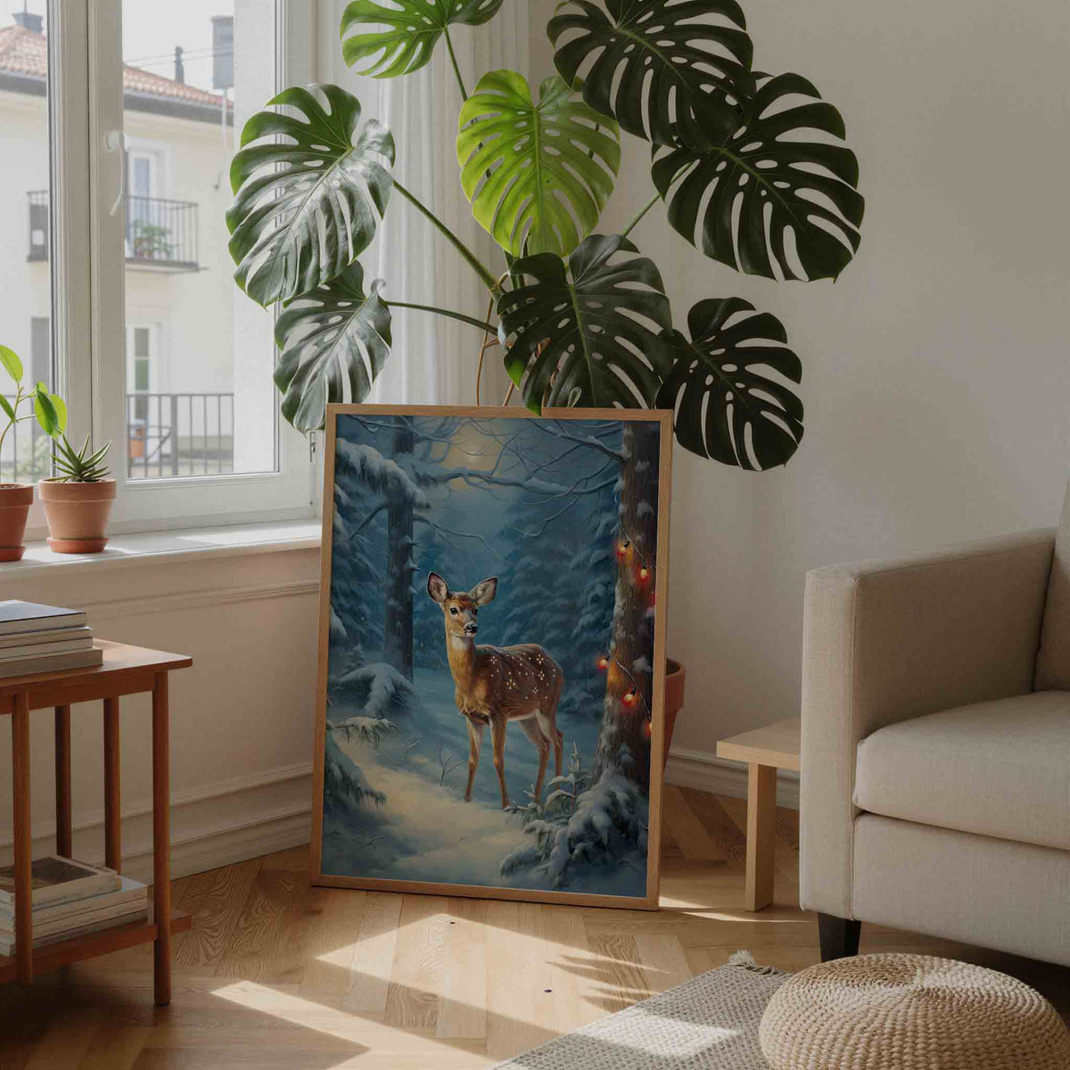 Hert in besneeuwd bos – feestelijke wandkunst als portret poster