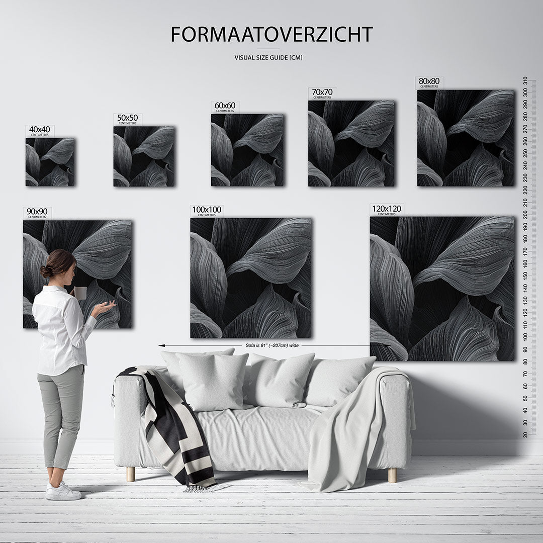 Golvende lijnen kunstwerk – materiaalweergave – dit werk toont vloeiende, golvende lijnen in zwart-wit, die een dynamisch en